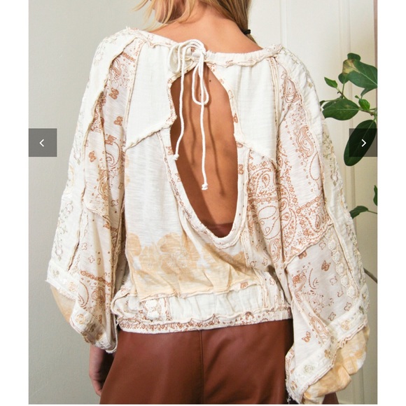 Free people Boom Boom Patchwork Embroidery Blouse Shirt Boho Neutral Open Back - Picture 2 of 13